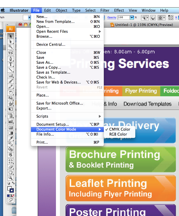 Screenshot showing how to convert a document from RGB to CMYK colour mode in Adobe Illustrator